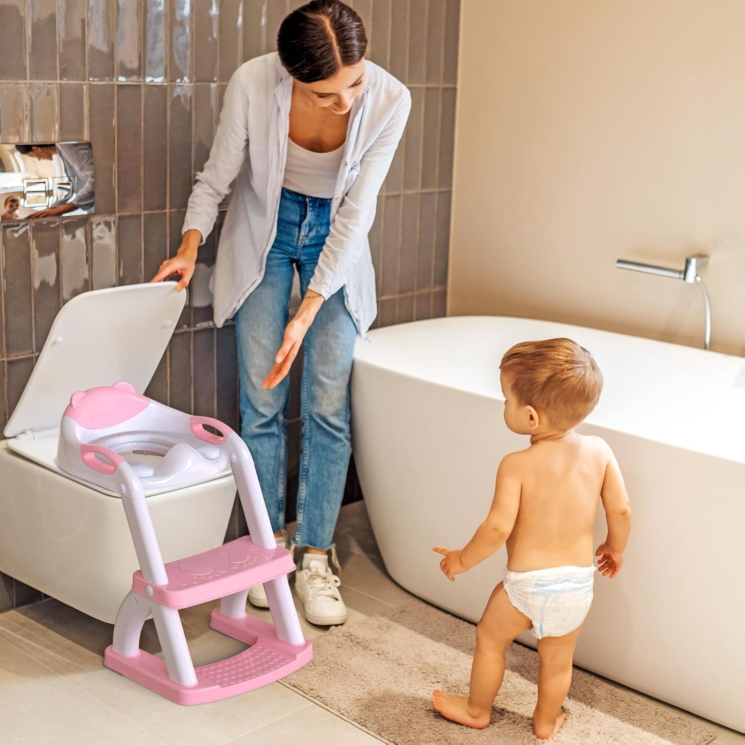 Toddler Toilet Training Seat with Stabilized Base Splash Guard Anti Slip Pad and Step Stool 